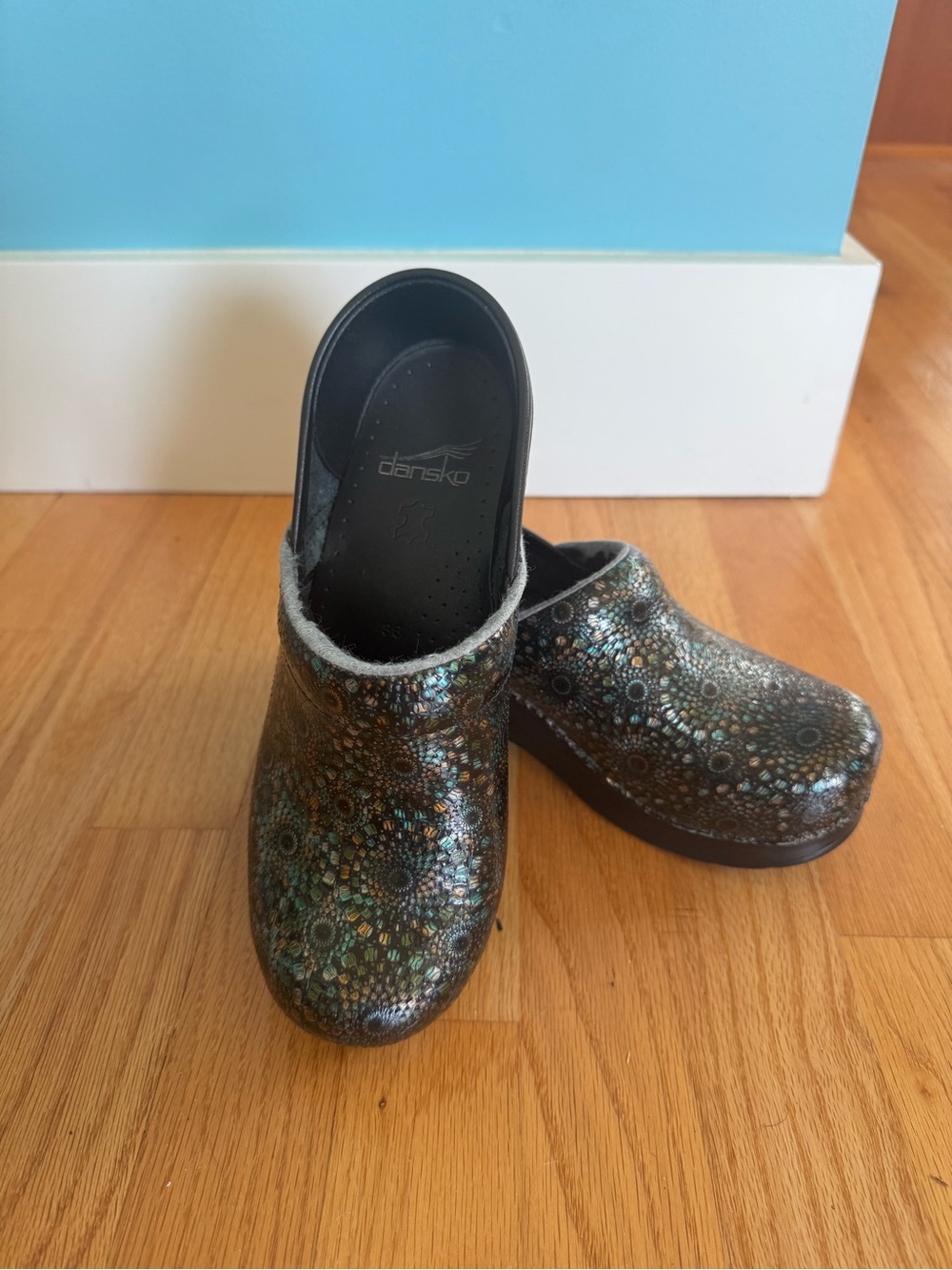 Dansko Black Leather Clogs with iridescent mosaic pattern